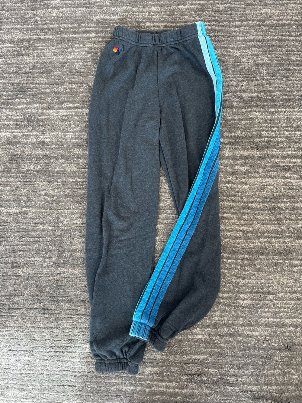 Aviator Nation Kids 5 Stripe Sweatpants – Charcoal Grey w/ Blue Stripes Size 10